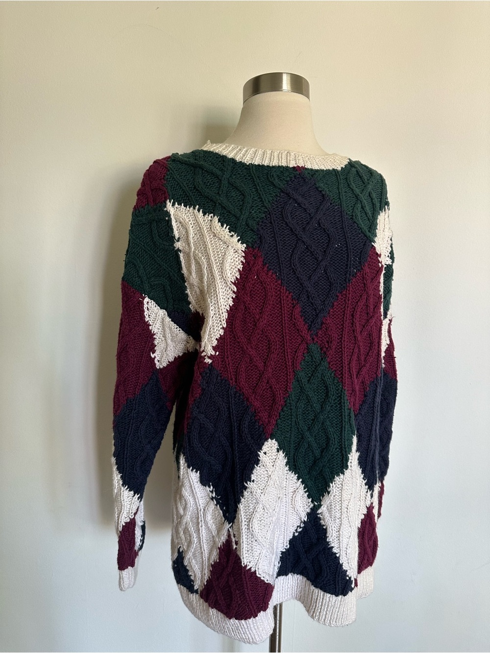 VINTAGE Knitted by Hand Cable Knit Sweater Cotton Ramie M Oversized Fit